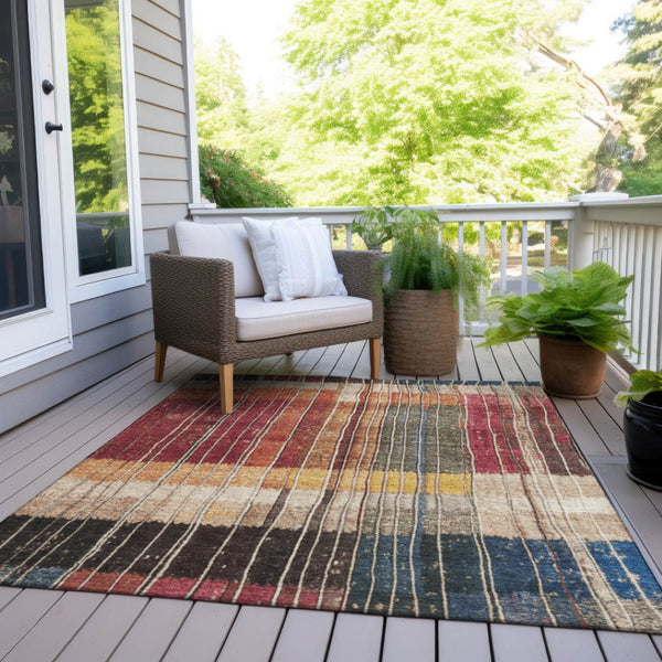 HomeRoots 5' Durable Indoor Outdoor Striped Area Rug in Beige, Red, and Yellow – Easy Care & Stylish Design 8' X 10' 627335