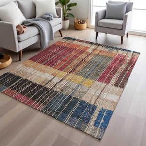 HomeRoots 5' Durable Indoor Outdoor Striped Area Rug in Beige, Red, and Yellow – Easy Care & Stylish Design 9' X 12' 627336