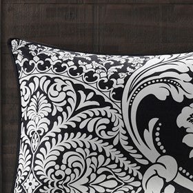 English Elm 7 Piece Cotton Comforter Set - Elegant Black Queen Collection With Damask Design & Luxury Accents B03597261