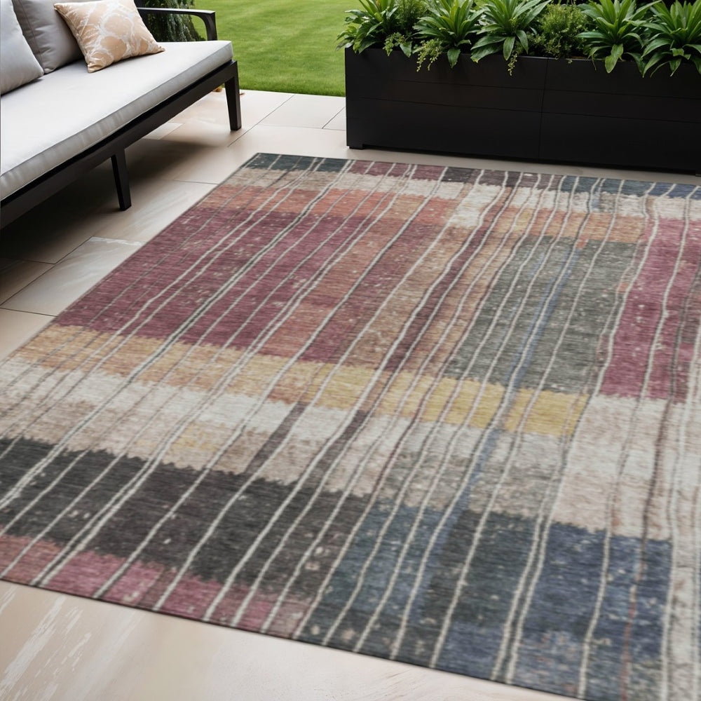 HomeRoots 5' Stylish Mauve Blue and Gold Striped Area Rug - Durable, Washable Design for Indoor & Outdoor Use 5' X 8' 627339