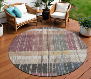 HomeRoots 5' Stylish Mauve Blue and Gold Striped Area Rug - Durable, Washable Design for Indoor & Outdoor Use 8' Round 627340