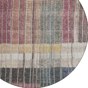 HomeRoots 5' Stylish Mauve Blue and Gold Striped Area Rug - Durable, Washable Design for Indoor & Outdoor Use 8' Round 627340