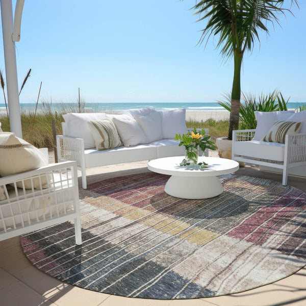 HomeRoots 5' Stylish Mauve Blue and Gold Striped Area Rug - Durable, Washable Design for Indoor & Outdoor Use 8' Round 627340