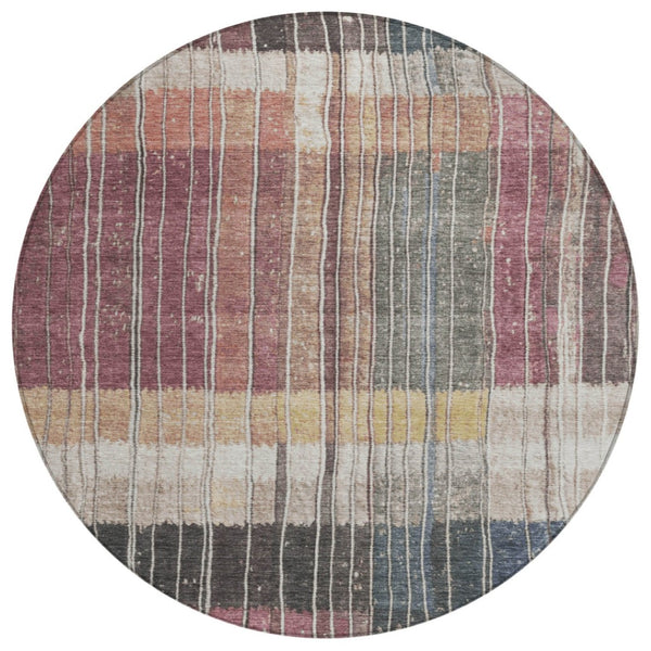 HomeRoots 5' Stylish Mauve Blue and Gold Striped Area Rug - Durable, Washable Design for Indoor & Outdoor Use 8' Round 627340