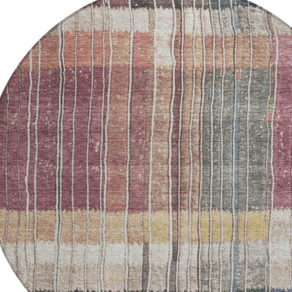 HomeRoots 5' Stylish Mauve Blue and Gold Striped Area Rug - Durable, Washable Design for Indoor & Outdoor Use 8' Round 627340