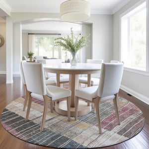 HomeRoots 5' Stylish Mauve Blue and Gold Striped Area Rug - Durable, Washable Design for Indoor & Outdoor Use 8' Round 627340