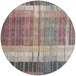 HomeRoots 5' Stylish Mauve Blue and Gold Striped Area Rug - Durable, Washable Design for Indoor & Outdoor Use 8' Round 627340