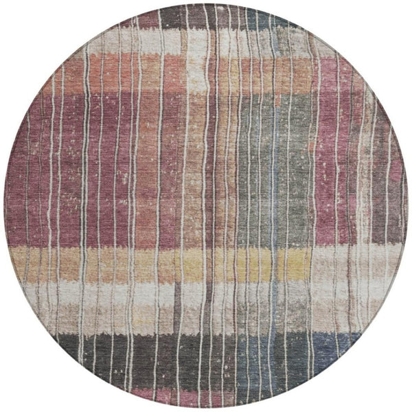 HomeRoots 5' Stylish Mauve Blue and Gold Striped Area Rug - Durable, Washable Design for Indoor & Outdoor Use 8' Round 627340