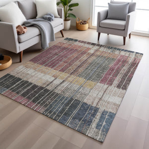 HomeRoots 5' Stylish Mauve Blue and Gold Striped Area Rug - Durable, Washable Design for Indoor & Outdoor Use 9' X 12' 627342