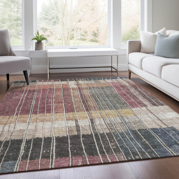 HomeRoots 5' Stylish Mauve Blue and Gold Striped Area Rug - Durable, Washable Design for Indoor & Outdoor Use 10' X 14' 627343
