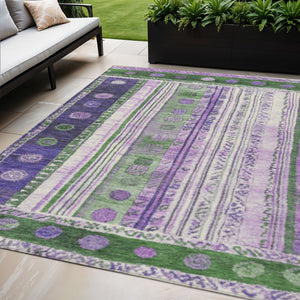 HomeRoots 5' Striped Washable Area Rug in Green and Purple for Indoor or Outdoor High-Traffic Spaces 5' X 8' 627351