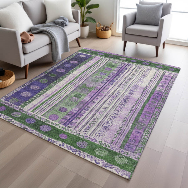 HomeRoots 5' Striped Washable Area Rug in Green and Purple for Indoor or Outdoor High-Traffic Spaces 5' X 8' 627351