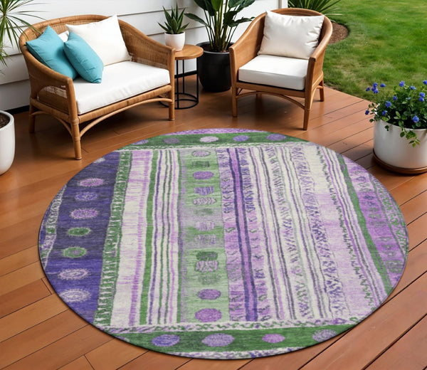 HomeRoots 5' Striped Washable Area Rug in Green and Purple for Indoor or Outdoor High-Traffic Spaces 8' Round 627352