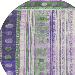 HomeRoots 5' Striped Washable Area Rug in Green and Purple for Indoor or Outdoor High-Traffic Spaces 8' Round 627352