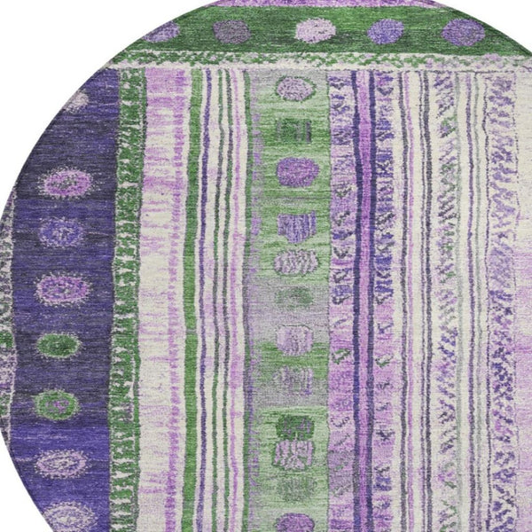 HomeRoots 5' Striped Washable Area Rug in Green and Purple for Indoor or Outdoor High-Traffic Spaces 8' Round 627352