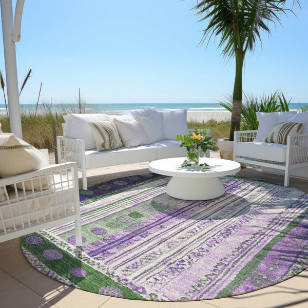 HomeRoots 5' Striped Washable Area Rug in Green and Purple for Indoor or Outdoor High-Traffic Spaces 8' Round 627352