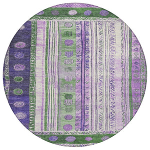 HomeRoots 5' Striped Washable Area Rug in Green and Purple for Indoor or Outdoor High-Traffic Spaces 8' Round 627352
