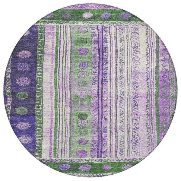 HomeRoots 5' Striped Washable Area Rug in Green and Purple for Indoor or Outdoor High-Traffic Spaces 8' Round 627352