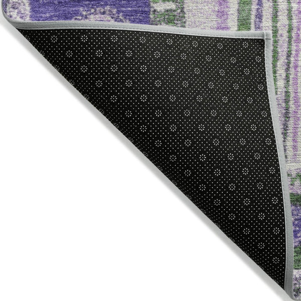 HomeRoots 5' Striped Washable Area Rug in Green and Purple for Indoor or Outdoor High-Traffic Spaces 8' Round 627352
