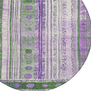 HomeRoots 5' Striped Washable Area Rug in Green and Purple for Indoor or Outdoor High-Traffic Spaces 8' Round 627352