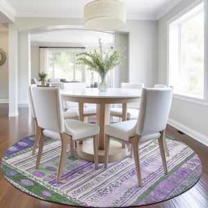 HomeRoots 5' Striped Washable Area Rug in Green and Purple for Indoor or Outdoor High-Traffic Spaces 8' Round 627352