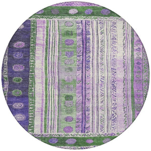 HomeRoots 5' Striped Washable Area Rug in Green and Purple for Indoor or Outdoor High-Traffic Spaces 8' Round 627352