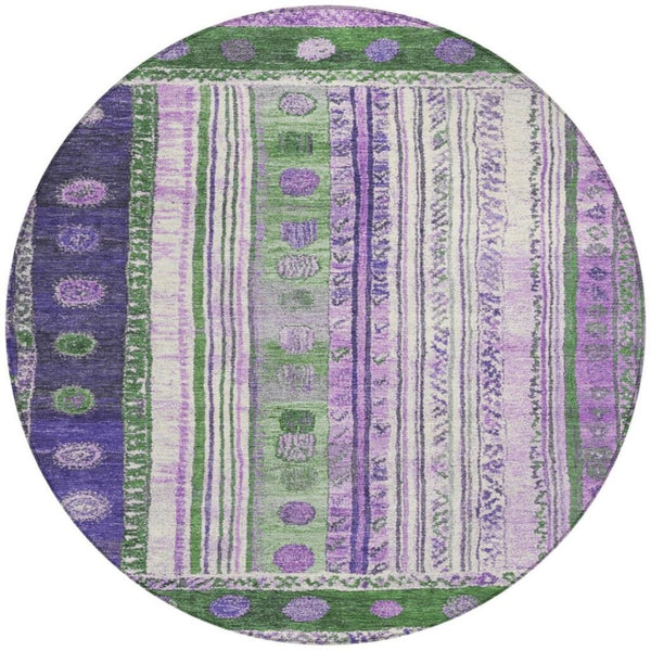 HomeRoots 5' Striped Washable Area Rug in Green and Purple for Indoor or Outdoor High-Traffic Spaces 8' Round 627352