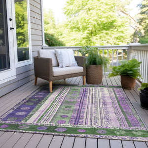 HomeRoots 5' Striped Washable Area Rug in Green and Purple for Indoor or Outdoor High-Traffic Spaces 8' X 10' 627353