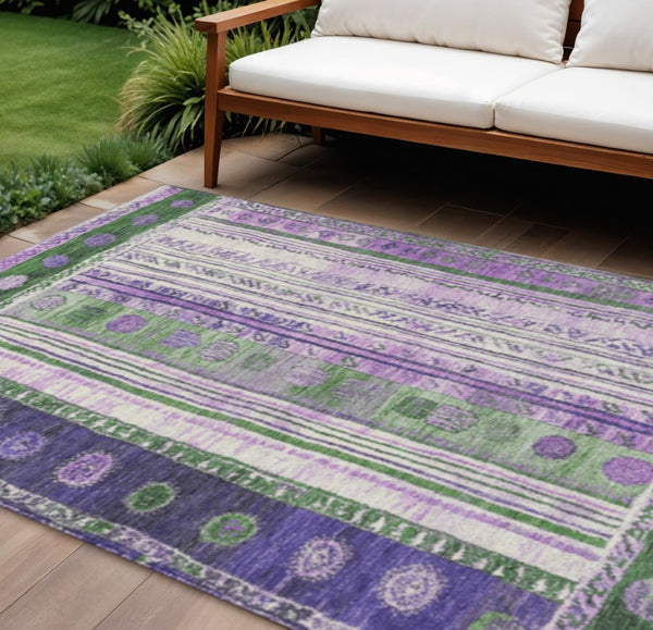 HomeRoots 5' Striped Washable Area Rug in Green and Purple for Indoor or Outdoor High-Traffic Spaces 10' X 14' 627355