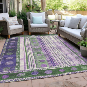 HomeRoots 5' Striped Washable Area Rug in Green and Purple for Indoor or Outdoor High-Traffic Spaces 10' X 14' 627355
