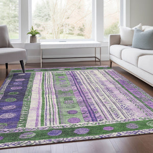 HomeRoots 5' Striped Washable Area Rug in Green and Purple for Indoor or Outdoor High-Traffic Spaces 10' X 14' 627355