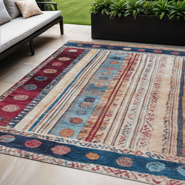 HomeRoots 5' Navy Blue and Merlot Striped Indoor/Outdoor Area Rug – Durable, Machine Washable, Versatile Style 5' X 8' 627357