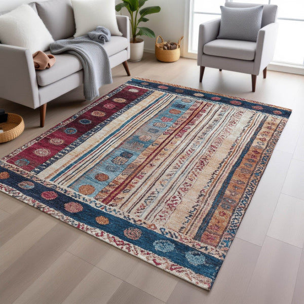 HomeRoots 5' Navy Blue and Merlot Striped Indoor/Outdoor Area Rug – Durable, Machine Washable, Versatile Style 5' X 8' 627357