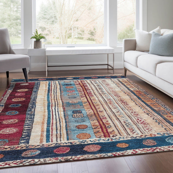 HomeRoots 5' Navy Blue and Merlot Striped Indoor/Outdoor Area Rug – Durable, Machine Washable, Versatile Style 5' X 8' 627357