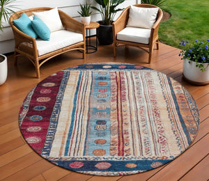 HomeRoots 5' Navy Blue and Merlot Striped Indoor/Outdoor Area Rug – Durable, Machine Washable, Versatile Style 8' Round 627358