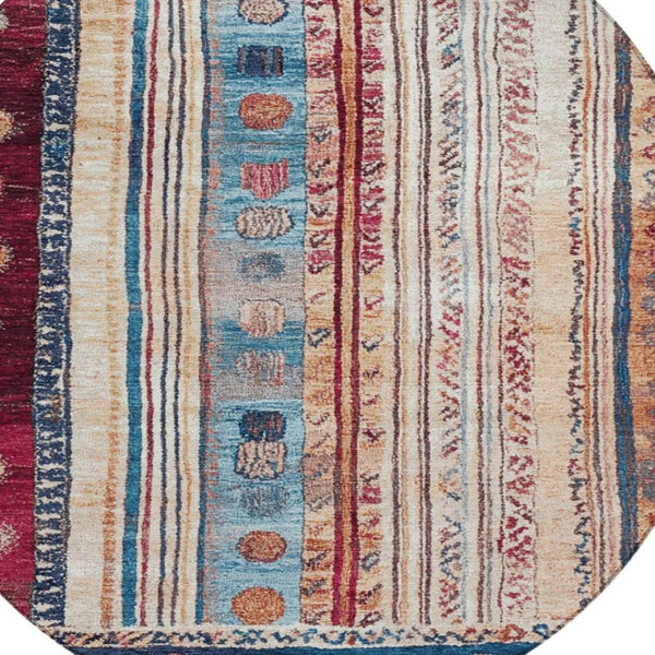 HomeRoots 5' Navy Blue and Merlot Striped Indoor/Outdoor Area Rug – Durable, Machine Washable, Versatile Style 8' Round 627358