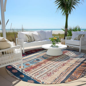 HomeRoots 5' Navy Blue and Merlot Striped Indoor/Outdoor Area Rug – Durable, Machine Washable, Versatile Style 8' Round 627358