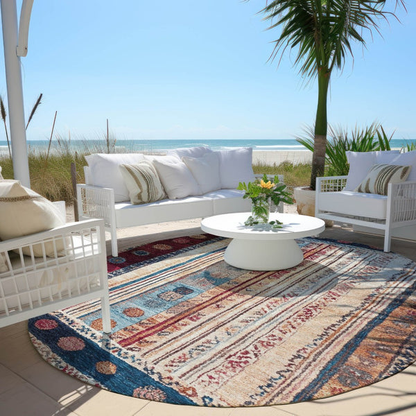 HomeRoots 5' Navy Blue and Merlot Striped Indoor/Outdoor Area Rug – Durable, Machine Washable, Versatile Style 8' Round 627358