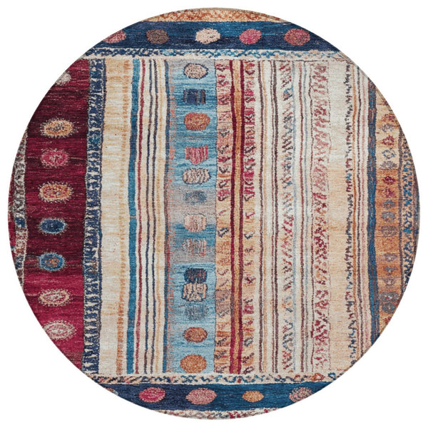 HomeRoots 5' Navy Blue and Merlot Striped Indoor/Outdoor Area Rug – Durable, Machine Washable, Versatile Style 8' Round 627358