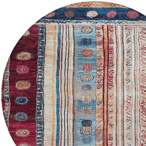 HomeRoots 5' Navy Blue and Merlot Striped Indoor/Outdoor Area Rug – Durable, Machine Washable, Versatile Style 8' Round 627358