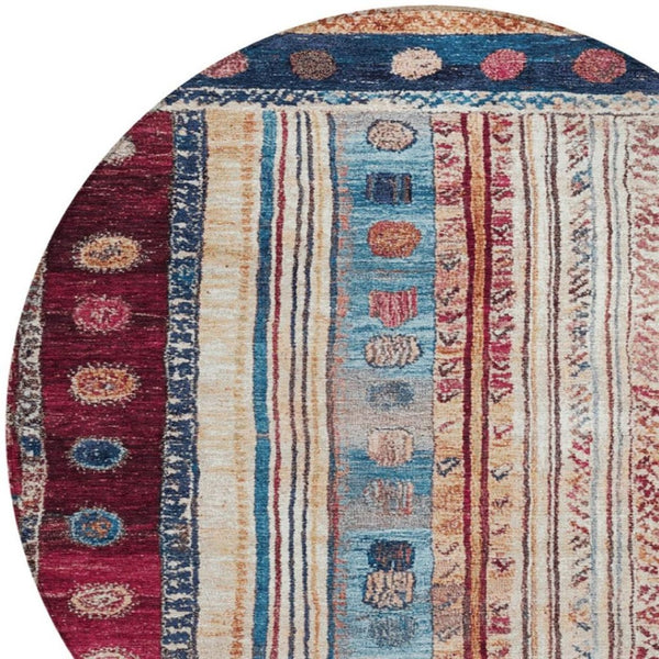 HomeRoots 5' Navy Blue and Merlot Striped Indoor/Outdoor Area Rug – Durable, Machine Washable, Versatile Style 8' Round 627358