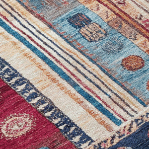 HomeRoots 5' Navy Blue and Merlot Striped Indoor/Outdoor Area Rug – Durable, Machine Washable, Versatile Style 8' Round 627358