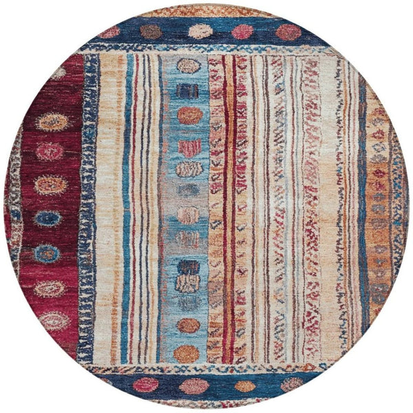 HomeRoots 5' Navy Blue and Merlot Striped Indoor/Outdoor Area Rug – Durable, Machine Washable, Versatile Style 8' Round 627358