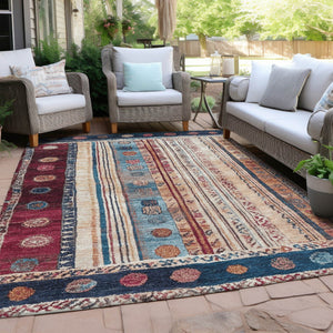 HomeRoots 5' Navy Blue and Merlot Striped Indoor/Outdoor Area Rug – Durable, Machine Washable, Versatile Style 8' X 10' 627359