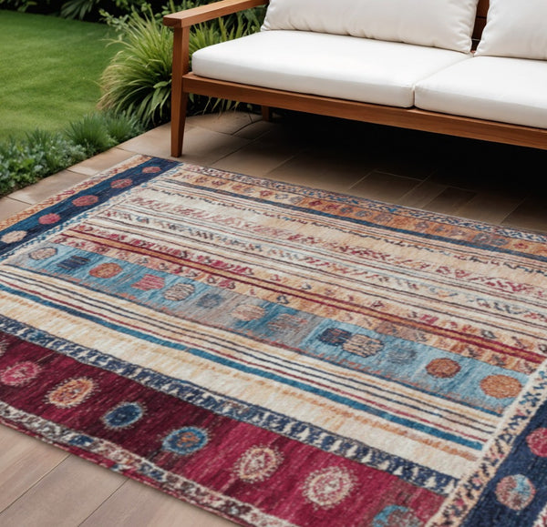 HomeRoots 5' Navy Blue and Merlot Striped Indoor/Outdoor Area Rug – Durable, Machine Washable, Versatile Style 9' X 12' 627360
