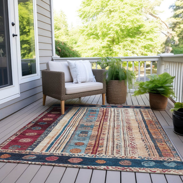 HomeRoots 5' Navy Blue and Merlot Striped Indoor/Outdoor Area Rug – Durable, Machine Washable, Versatile Style 10' X 14' 627361