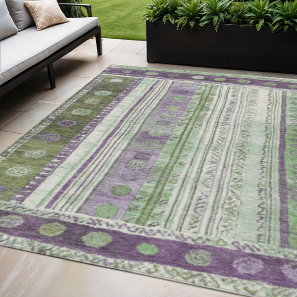 HomeRoots 5' Striped Purple and Green Indoor Outdoor Area Rug - Durable, Washable, Perfect for High-Traffic Spaces 5' X 8' 627363