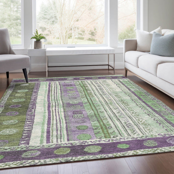 HomeRoots 5' Striped Purple and Green Indoor Outdoor Area Rug - Durable, Washable, Perfect for High-Traffic Spaces 5' X 8' 627363