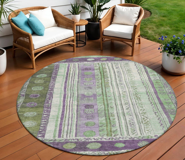 HomeRoots 5' Striped Purple and Green Indoor Outdoor Area Rug - Durable, Washable, Perfect for High-Traffic Spaces 8' Round 627364