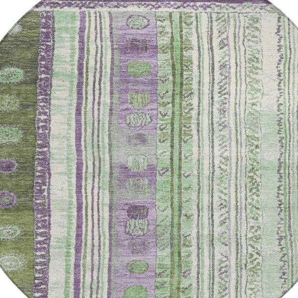 HomeRoots 5' Striped Purple and Green Indoor Outdoor Area Rug - Durable, Washable, Perfect for High-Traffic Spaces 8' Round 627364